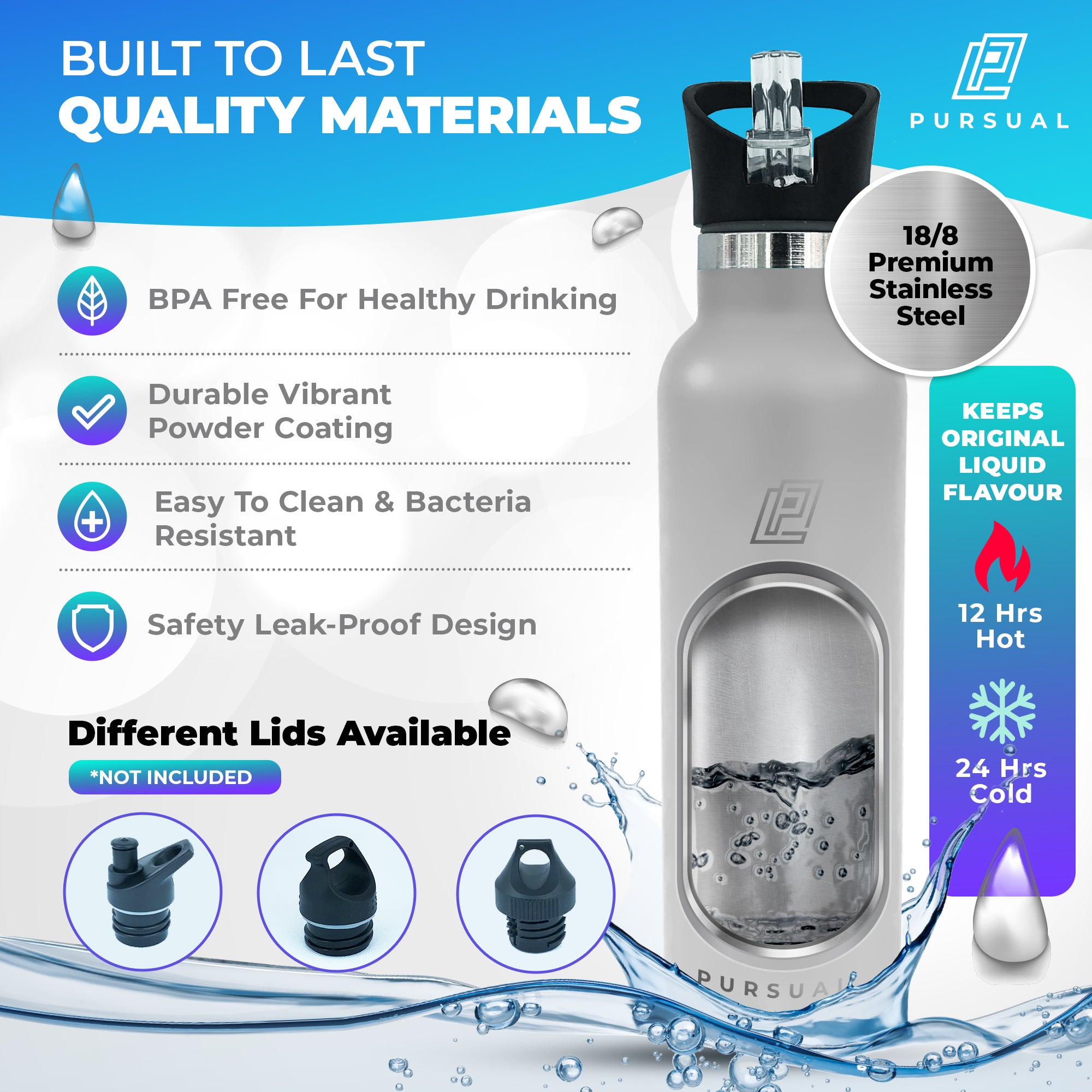 Stainless Steel Insulated Water Bottle for Hot & Cold Liquids - Pursual