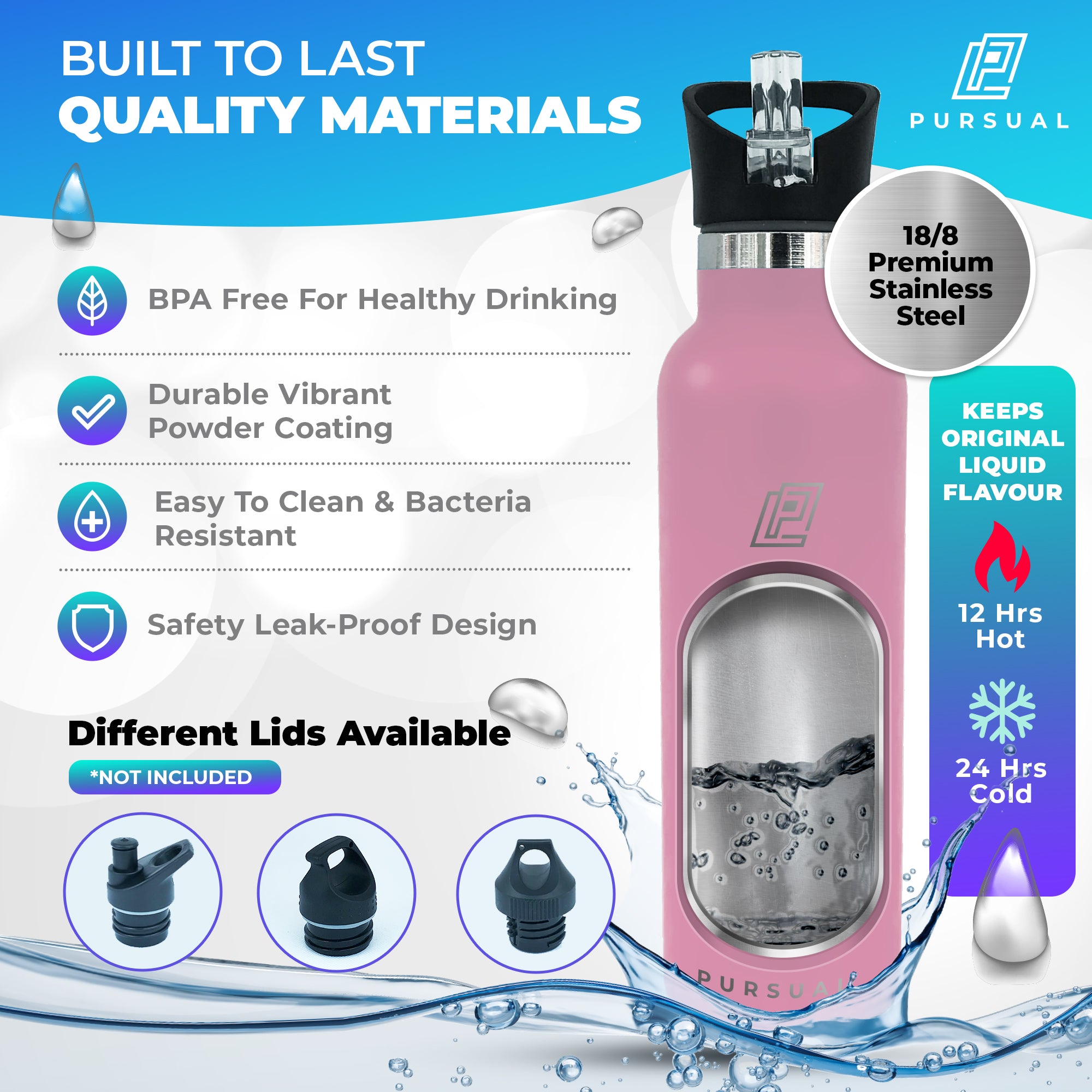 Stainless Steel Insulated Water Bottle for Hot & Cold Liquids - Pursual