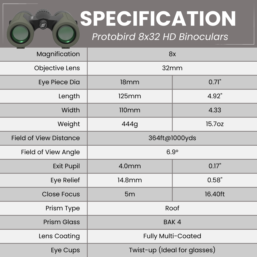 PROTOBIRD 8x32 HD Binoculars in Woodland Khaki