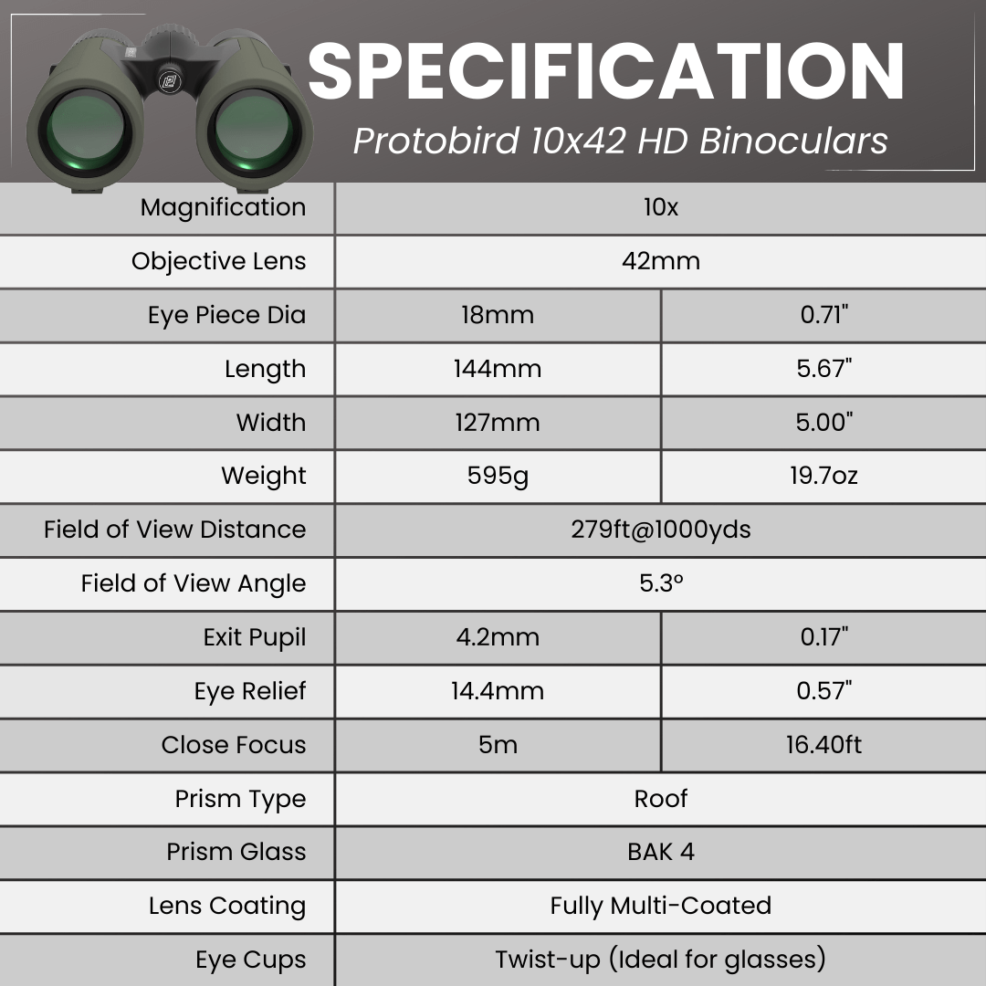 PROTOBIRD 10x42 HD Binoculars in Woodland Khaki - Pursual