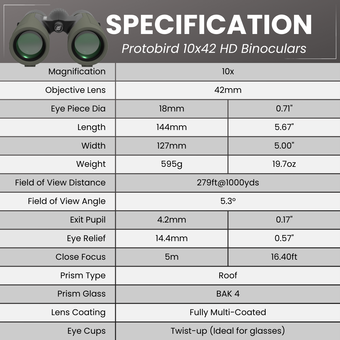 PROTOBIRD 10x42 HD Binoculars in Woodland Khaki