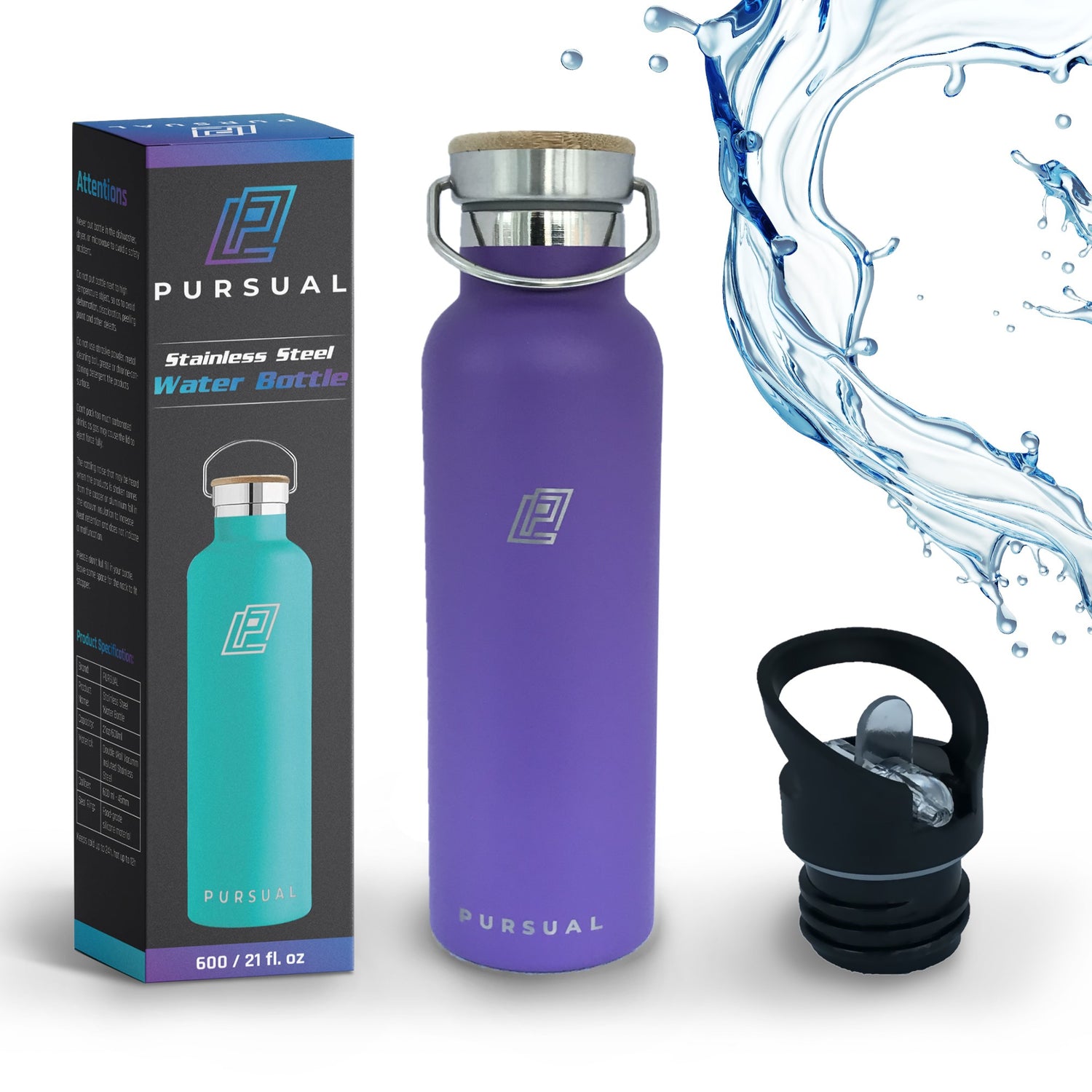 Pursual insulated stainless steel water bottle in purple with box and lid shown