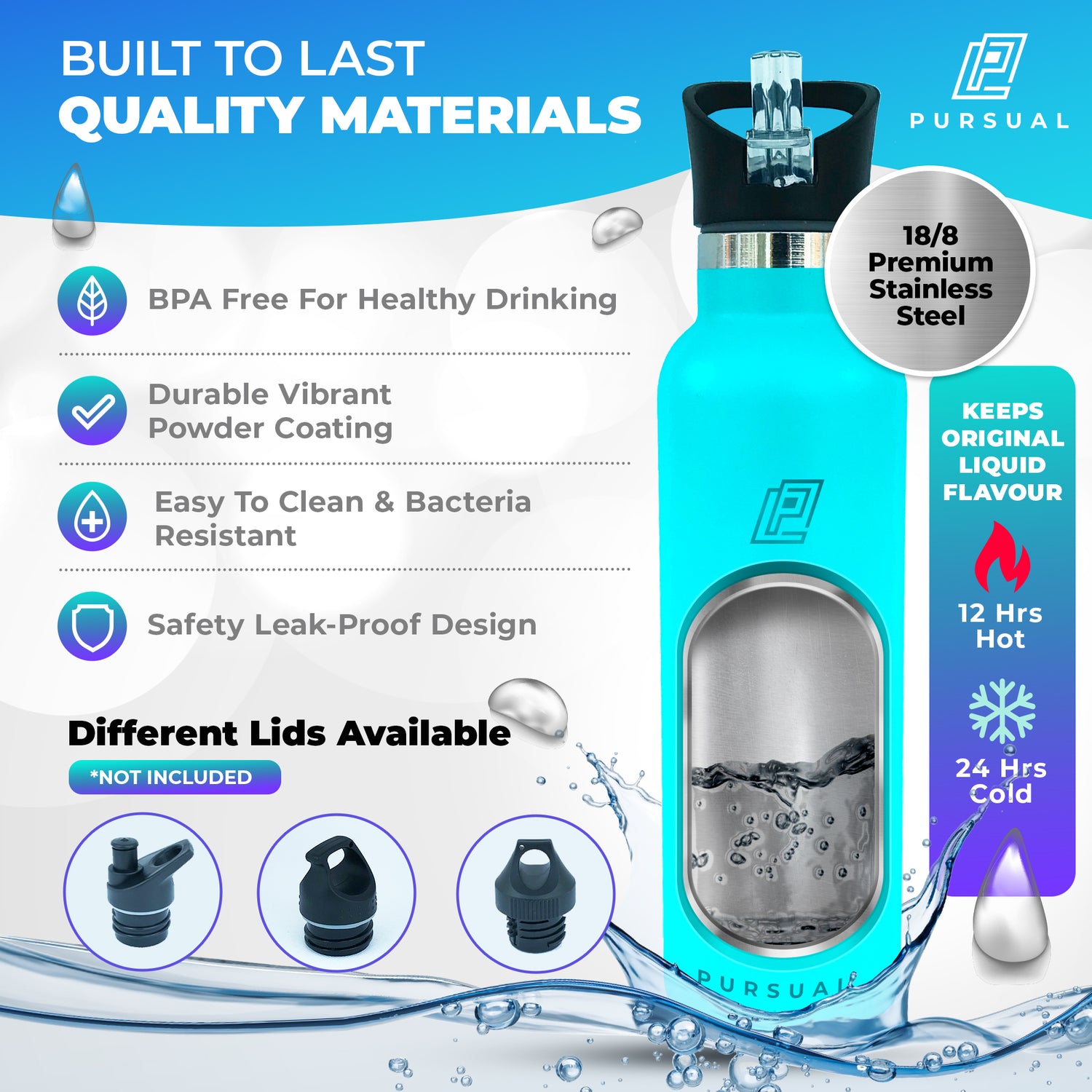 Pursual insulated stainless steel water bottle in turquoise with key features highlighted