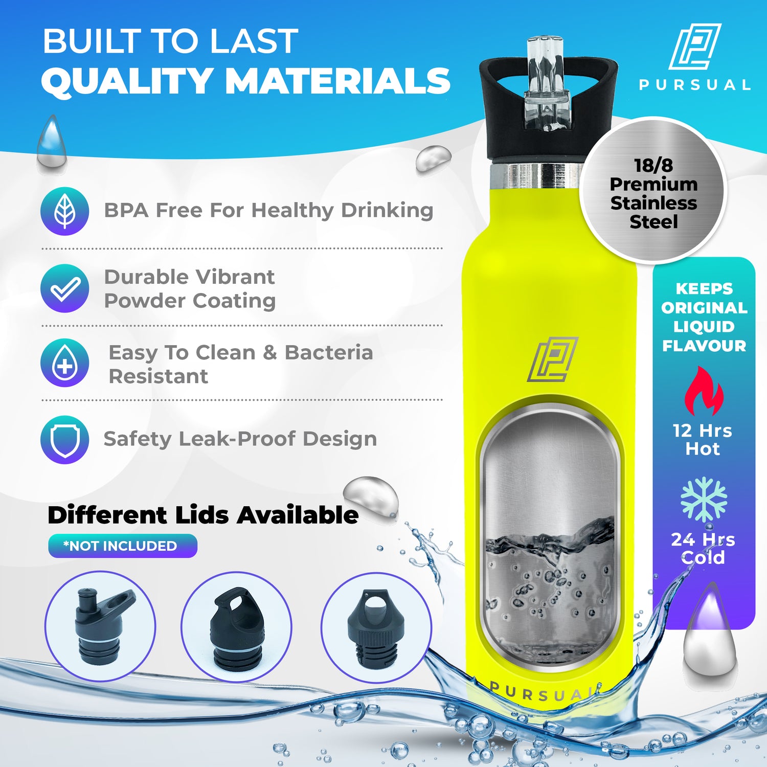Pursual insulated stainless steel water bottle in yellow with key features highlighted