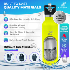 Pursual insulated stainless steel water bottle in yellow with key features highlighted