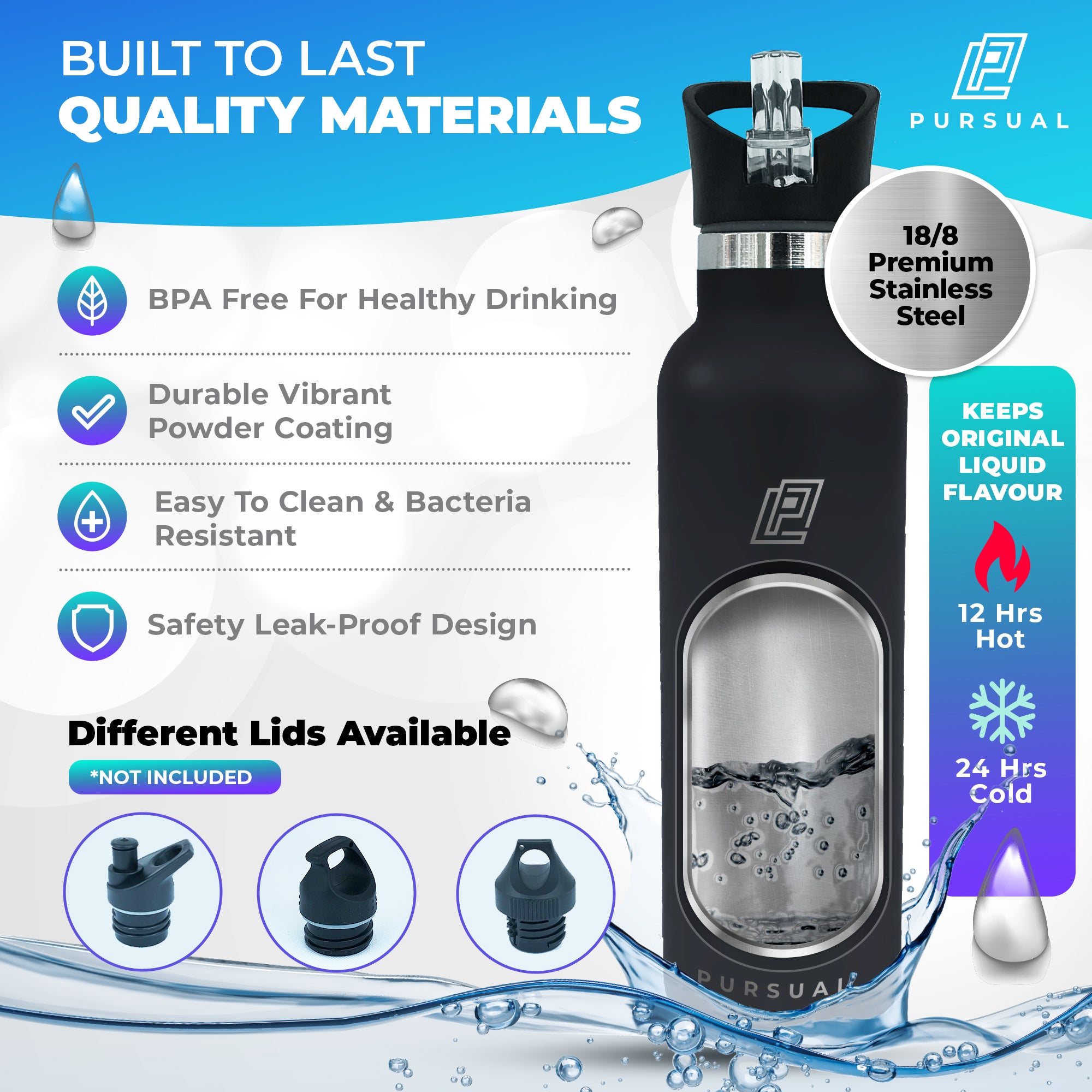 Stainless Steel Insulated Water Bottle for Hot & Cold Liquids - Pursual