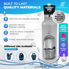 Pursual insulated stainless steel water bottle in cool grey with key features highlighted