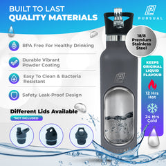 Pursual insualted stainless steel water bottle in grey with key features highlighted