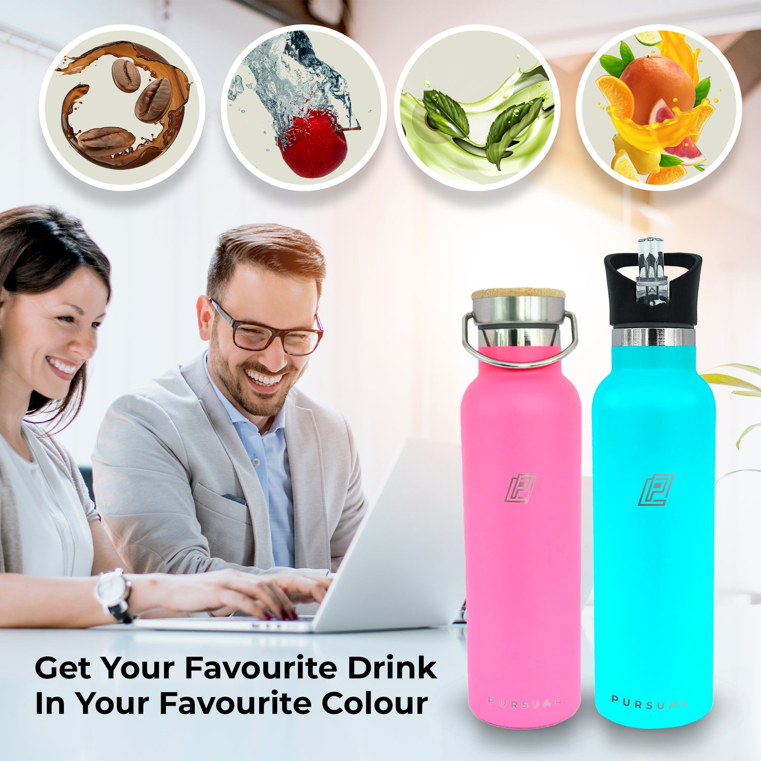 Pursual insulated stainless steel water bottle in pink and turquoise