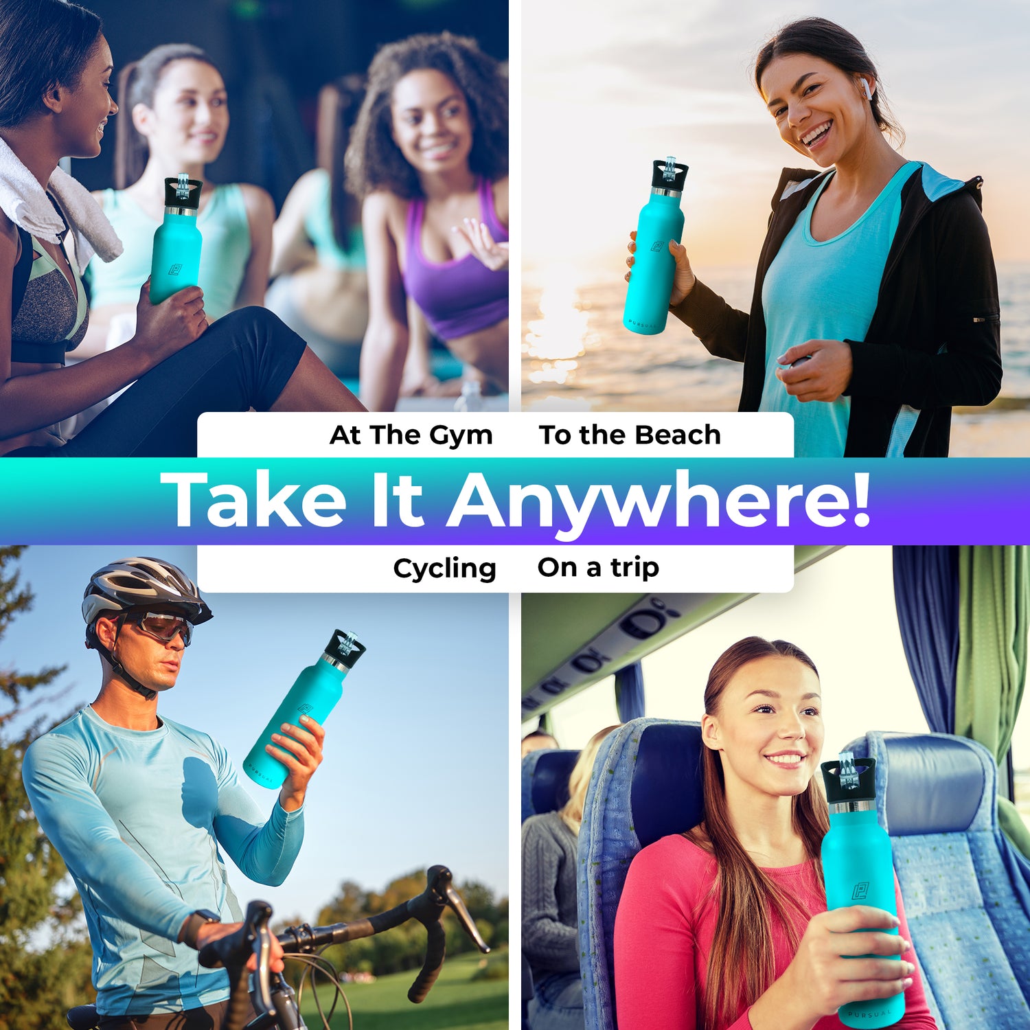 Pursual insulated stainless steel water bottle in turquoise being used in 4 different lifestyle shots