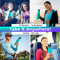 Pursual insulated stainless steel water bottle in turquoise being used in 4 different lifestyle shots