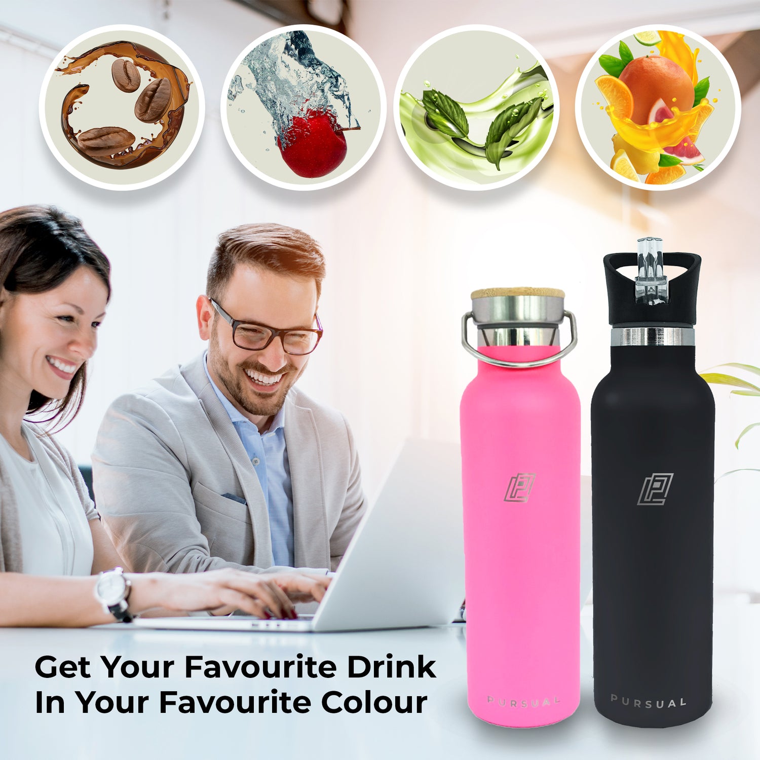 Pursual insulated stainless steel water bottles in pink and black
