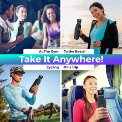 Pursual insulated stainless steel water bottle in grey being used in 4 different lifestyle shots