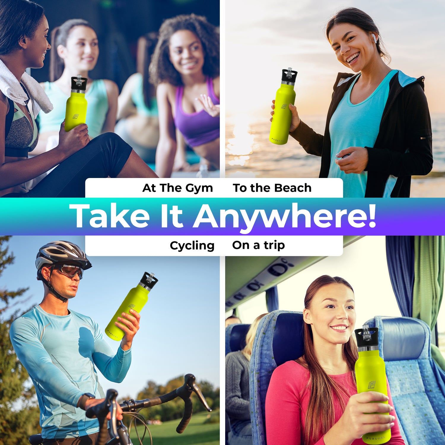 Pursual insulated stainless steel water bottle in yellow being used in 4 different lifestyle shots