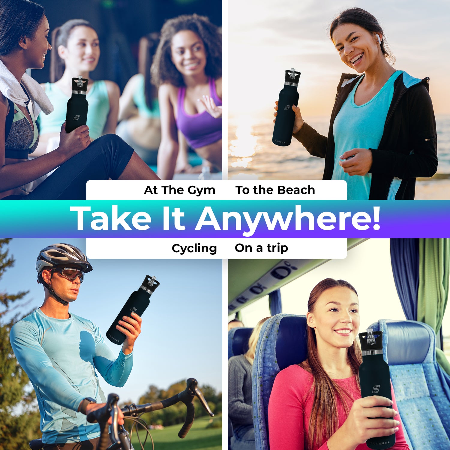 Pursual insulated stainless steel water bottle in black being used in 4 lifestyle shots