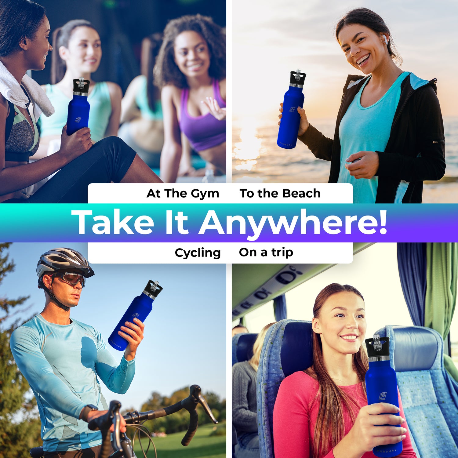 Pursual insulated stainless steel water bottle in blue being used in 4 lifestyle shots