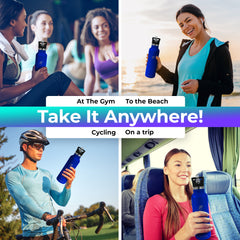 Pursual insulated stainless steel water bottle in blue being used in 4 lifestyle shots