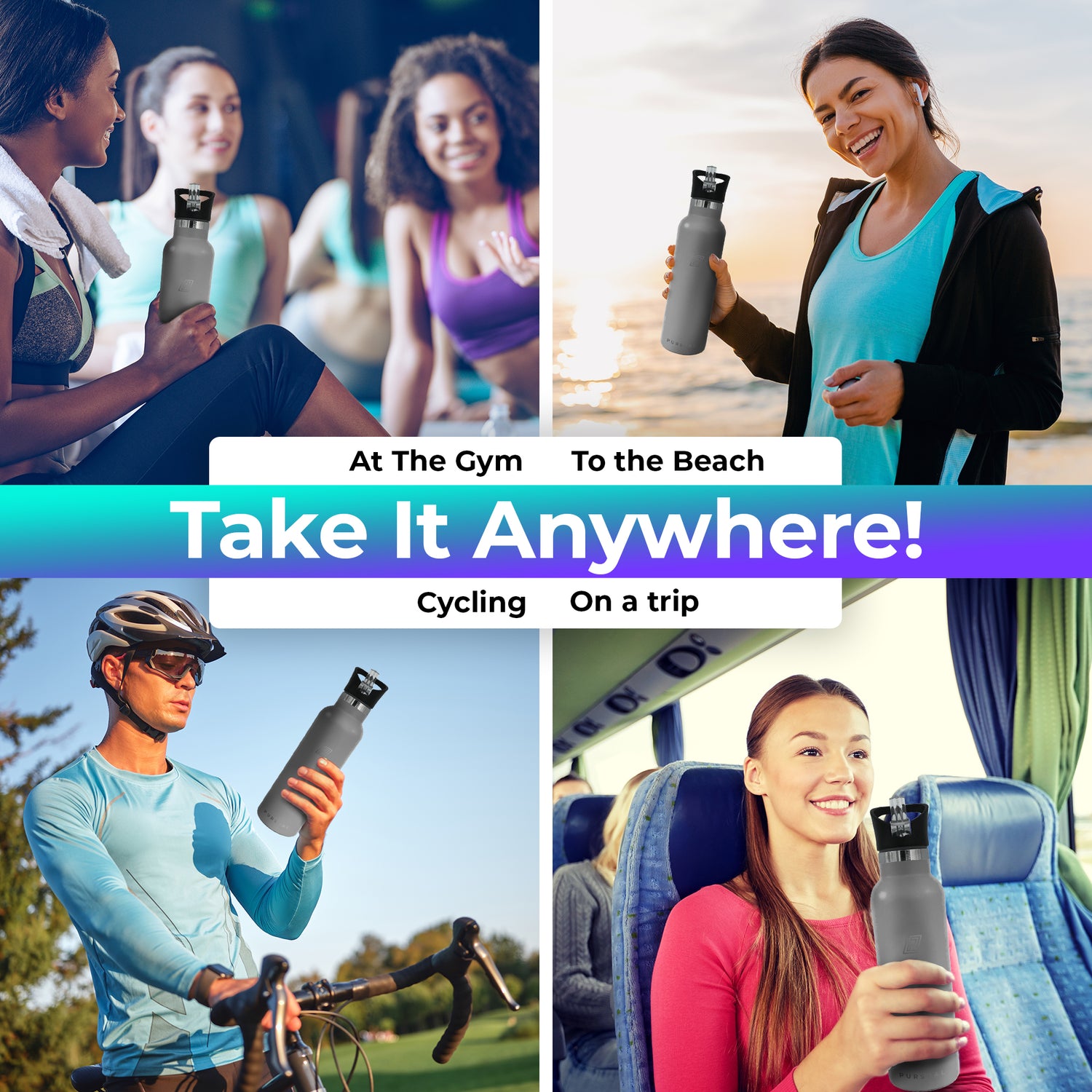 Pursual insulated stainless steel water bottle in cool grey being used in 4 different lifestyle shots