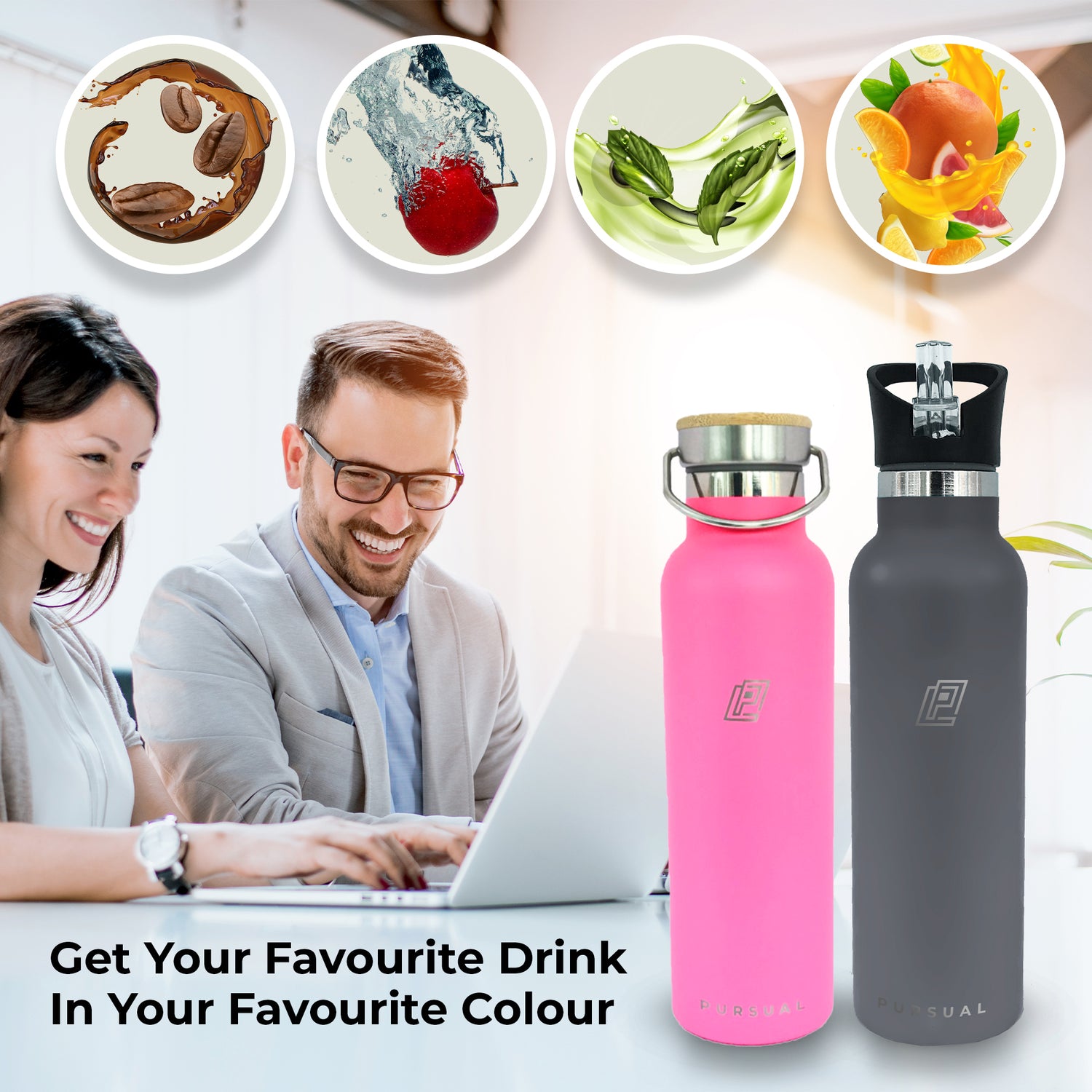 Pursual insulated stainless steel water bottles in pink and grey