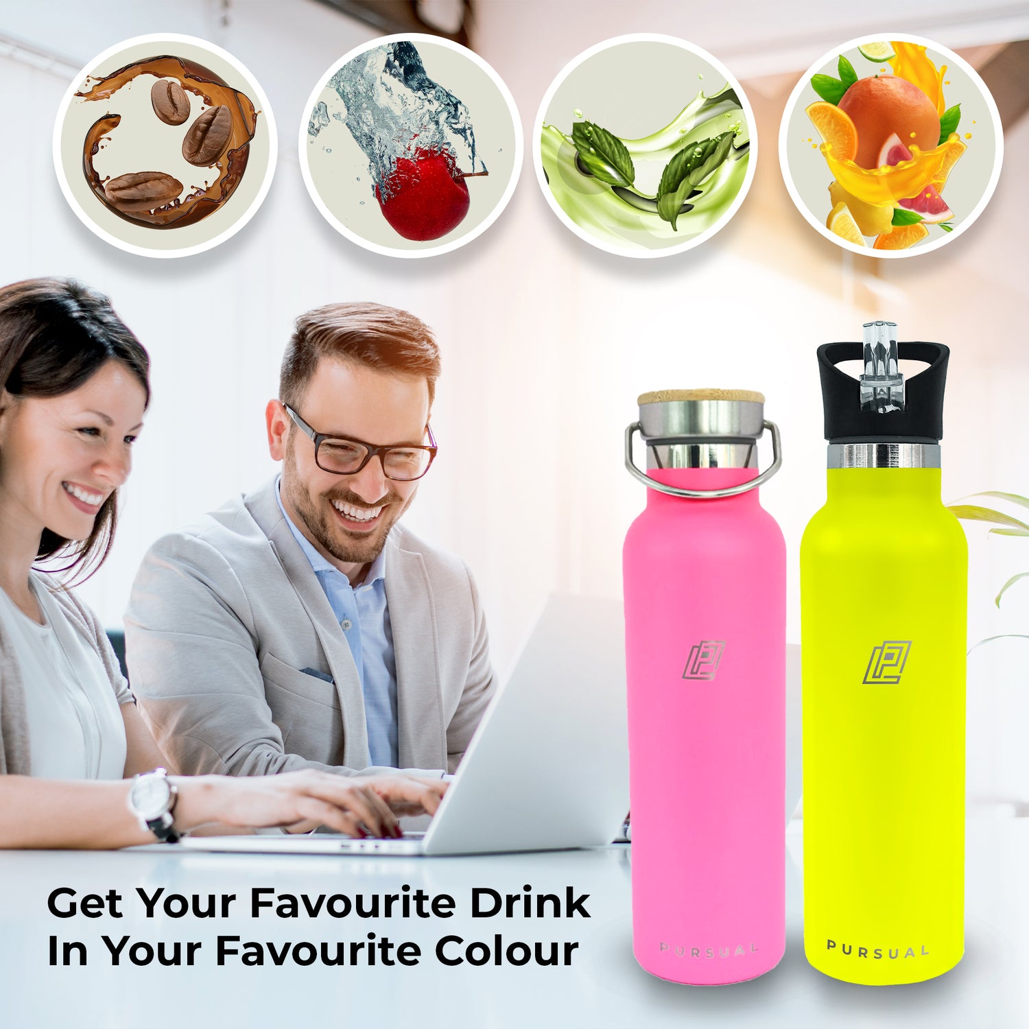 Pursual insulated stainless steel water bottles in pink and yellow