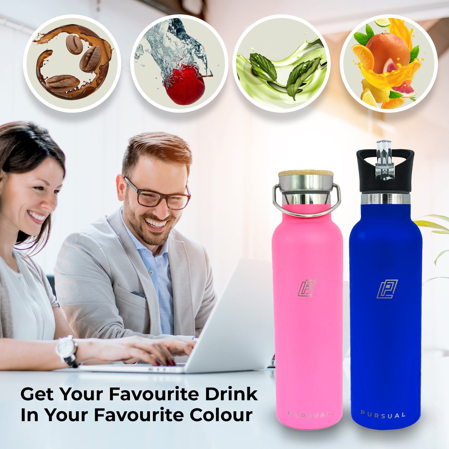 Pursual insulated stainless steel water bottles in blue and pink