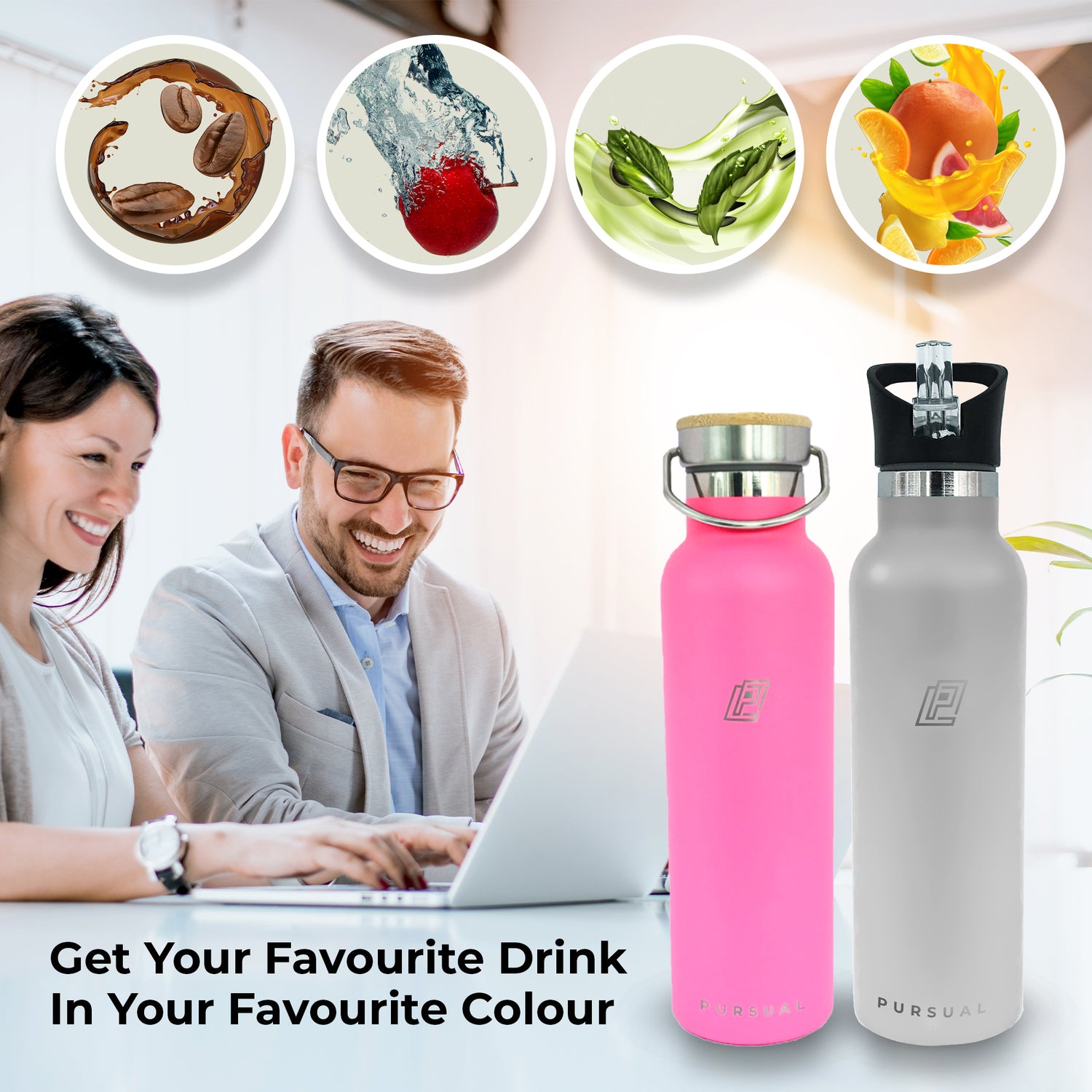 Pursual insulated stainless steel water bottles in cool grey and pink