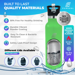 Pursual insulated stainless steel water bottle in green with key features highlighted