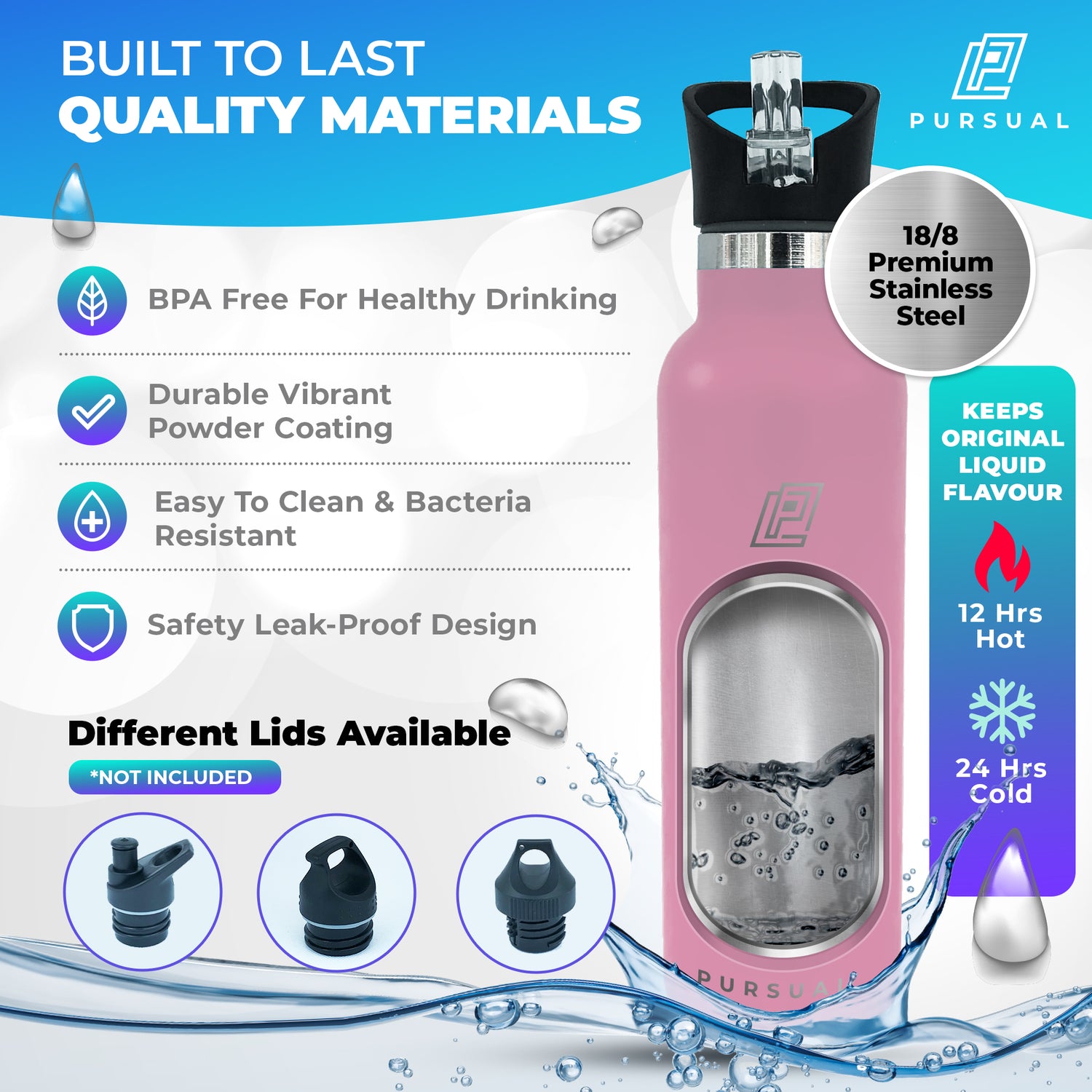 Pursual insulated stainless steel water bottle in pink with key features highlighted