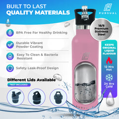 Pursual insulated stainless steel water bottle in pink with key features highlighted