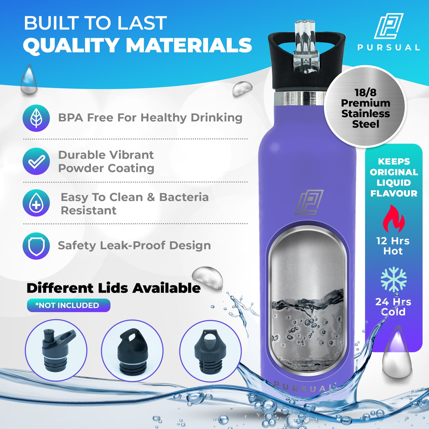 Pursual insulated stainless steel water bottle in purple with key features highlighted