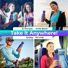 Pursual insulated stainless steel water bottle in purple being used in 4 different lifestyle shots
