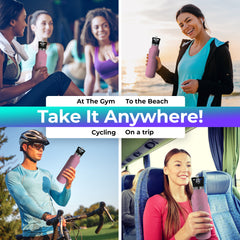 Pursual insulated stainless steel water bottle in light pink being used in 4 different lifestyle shots