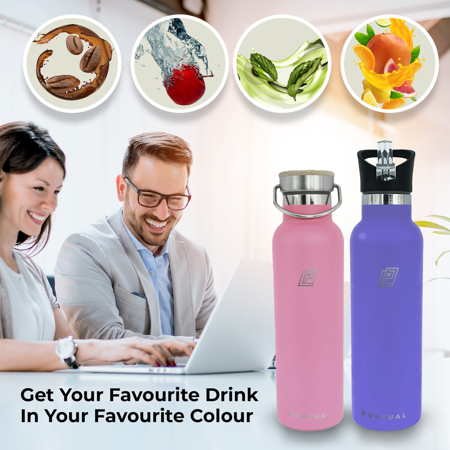 Pursual insulated stainless steel water bottles in pink and purple