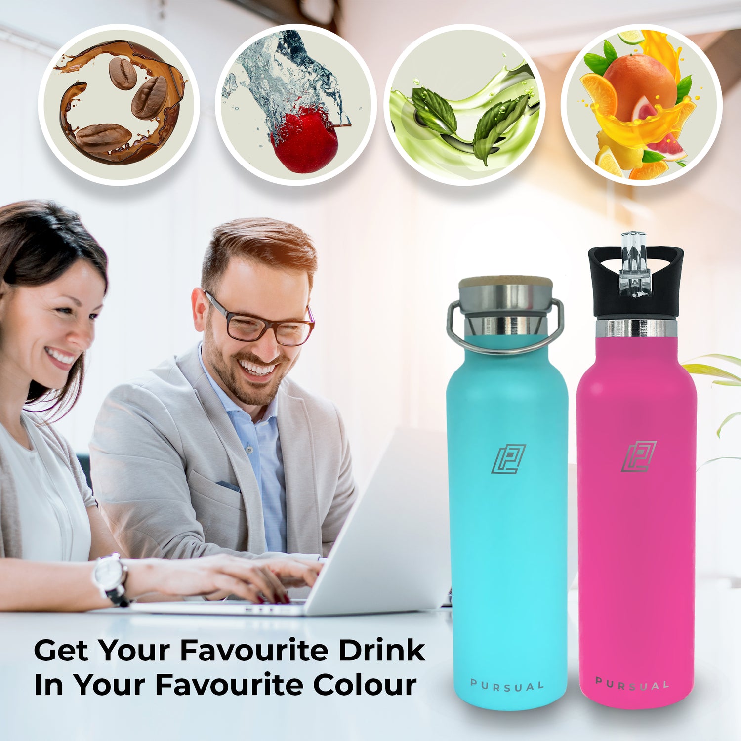 Pursual insulated stainless steel water bottles in pink and turquoise